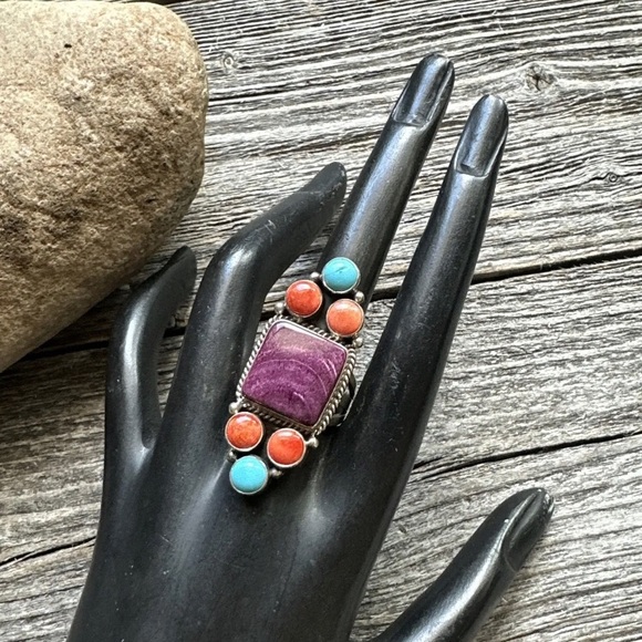 Navajo Sterling Silver Multi Stone Spiny Oyster Turquoise Ring Size 7.5 D Wylie - Picture 10 of 12